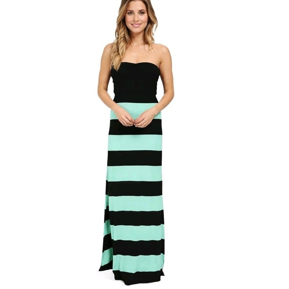 Hurley‎ Women's S Strapless Maxi Dress Aqua Black Stripe Long Y2K Beach Festival